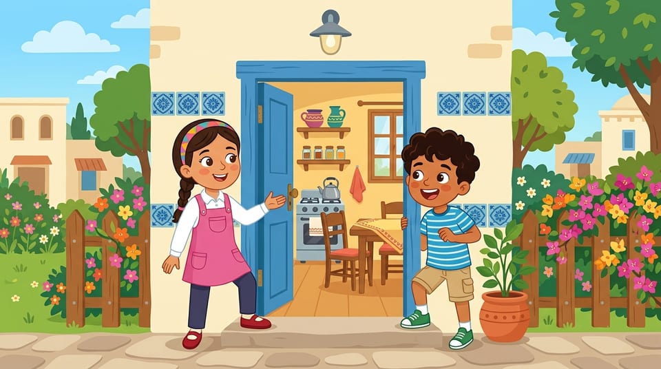 Nora faisant visiter sa maison à Adam, avec la cuisine visible par la porte ouverte